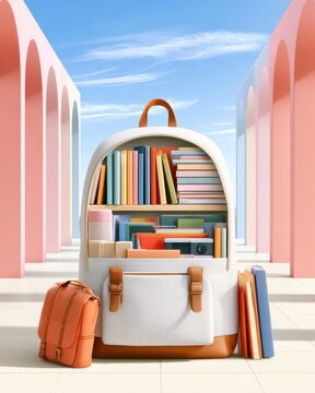 Backpack filled with colorful books and school supplies in a bright modern architectural setting