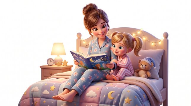 This cartoon-style 3D scene features parents reading a bedtime story to their children. The setting is warm and loving, with soft lighting and a cozy room.