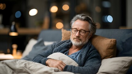 Fototapeta premium Senior adult experiencing poor sleep quality and chronic fatigue in a peaceful bedroom at night, realistic medical lifestyle photography