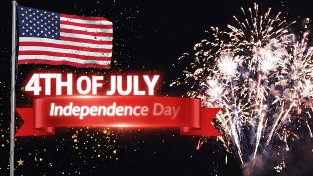American flags waving with vibrant fireworks display for fourth of july celebrations