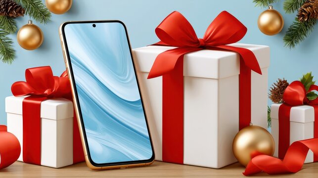 Smartphone mockup with Christmas gift boxes and red ribbon for festive holiday banner
