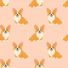 Fototapeta premium Fluffy orange corgi dog seamless pattern with sitting pedigree welsh corgis on peach pink background for fabric print wallpaper wrapping paper and pet shop brand identity accessories