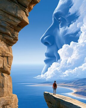 Hiker on a cliff facing a giant cloud face over the ocean &mdash; surreal coastal adventure and contemplation