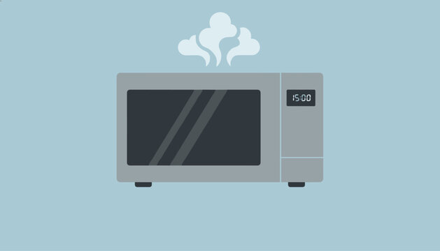 Microwave oven heating food and emitting steam from top on blue background, representing kitchen cooking appliance in flat vector style.