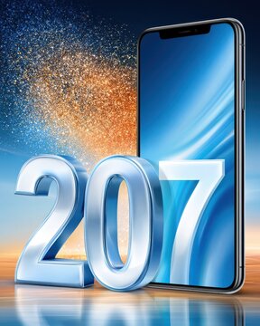 Shiny chrome 2027 smartphone mockup emerging from reflective surface with blue gradient screen