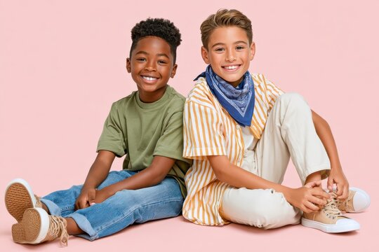 Two smiling boys sitting together on a pink background showing friendship and playful summer style