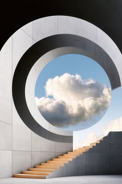 View from inside a large circular concrete structure with wooden stairs leading to cloudy sky