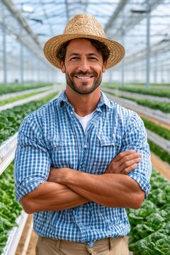 Smiling young farmer standing in modern greenhouse with hydroponic lettuce rows and straw hat