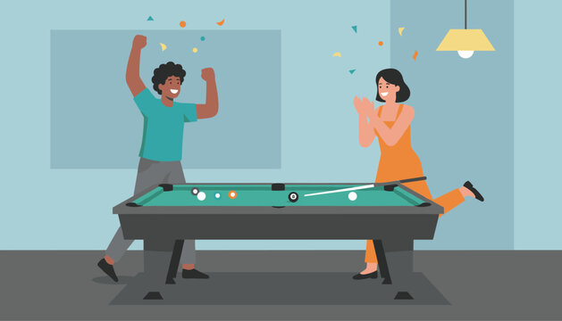 Excited young couple celebrating winning shot during friendly billiards pool game in entertainment room with falling confetti.