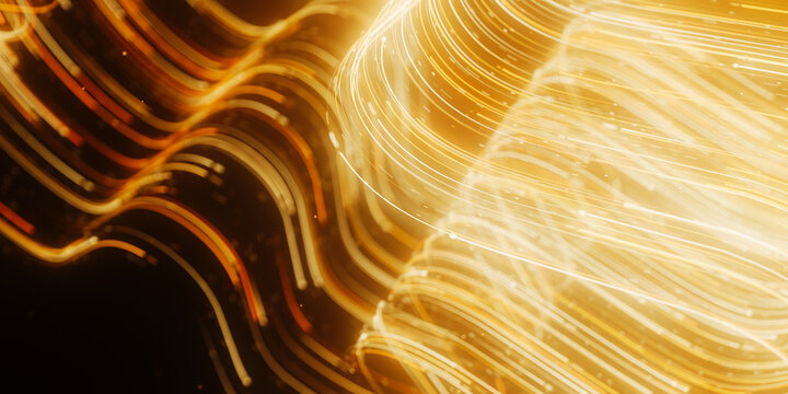 Golden abstract flower vortex made of light trails. 3D magic quantum energy particles.