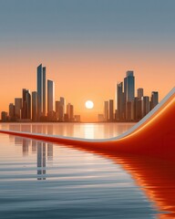 Fototapeta premium Futuristic city skyline at sunset merging into a glowing upward growth graph over water