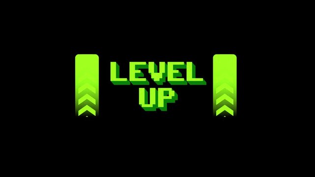 Bright green arrow icon displaying LEVEL UP text animation isolated on black background
