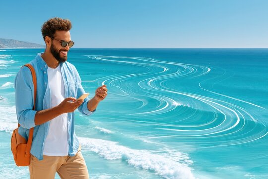 Young traveler on a sunny turquoise coast using smartphone and holographic navigation for travel planning