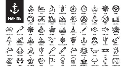 Obraz premium Camping icons set, outdoor adventure symbols, 40 graphic elements, black and white vector illustrations