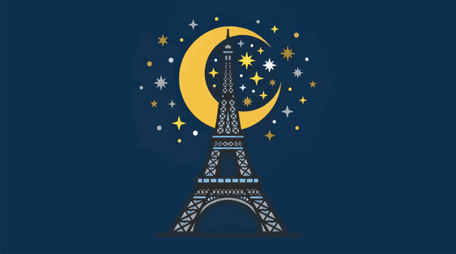Stylized Flat Vector Illustration of Eiffel Tower Silhouette Integrated with a Crescent Moon and Stars on a Dark Blue Night Sky, Minimalist Paris Landmark Graphic