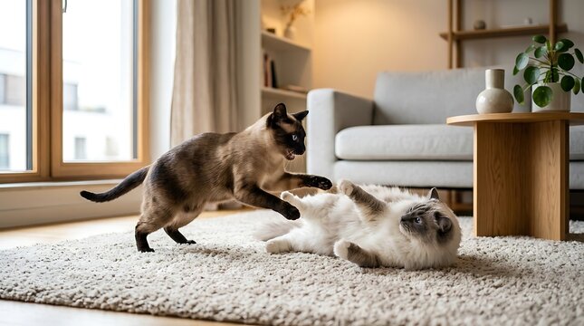 Two pedigree cats playing together on a rug in a modern living room