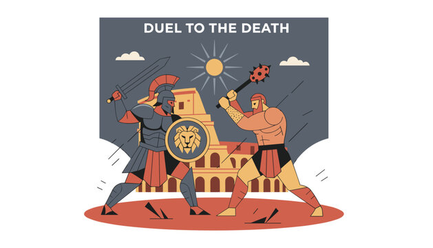Ancient Roman gladiators engaging in dramatic duel to the death with sword, mace, and shield in front of the historic Colosseum.