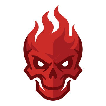 Red skull with flames on head and angry expression isolated on white background icon