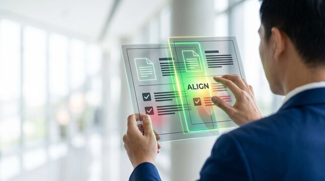 Premium OTS Compliance Officer Aligning Flat AR Documents Hologram Copyspace