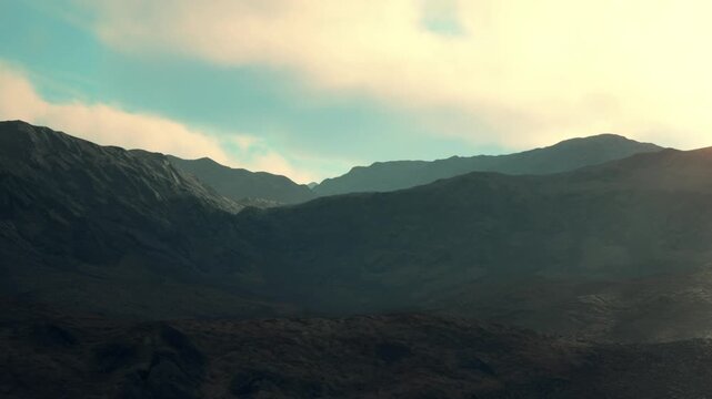 Mountains rise against a blue sky with clouds. The sunlight casts shadows on the rocky surface. This scene shows the beauty of nature in a remote area during daytime.