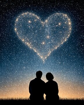Vertical Celestial fantasy digital art of a silhouetted couple watching a heart constellation, symbolizing eternal love and cosmic connection for Valentine's Day or romantic book covers.