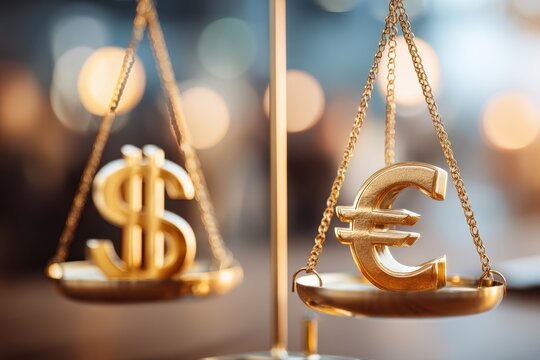 Gold balance scales with dollar and euro symbols
