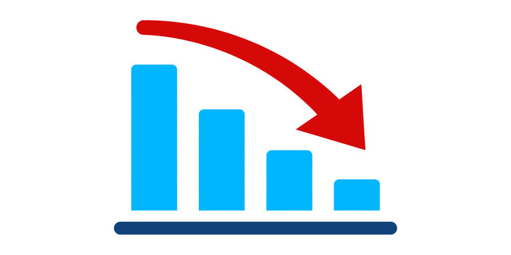 Financial business decline bar chart with red downward arrow isolated on transparent background