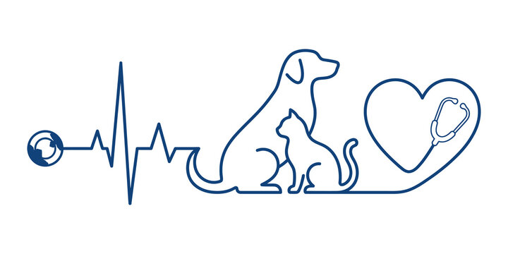Continuous line art design of dog and cat silhouette with heartbeat and heart isolated on transparent background