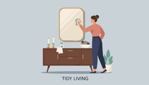 Elegant young woman wiping a large rectangular mirror on a modern wooden sideboard under the caption tidy living.