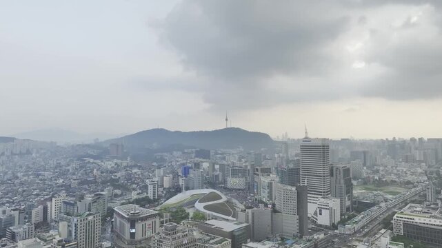 Aerial Drone View of Jongno Cityscape near Dongmyo Station and DDP Dongdaemun Design Plaza in Seoul, South Korea