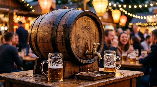 Rustic wooden beer barrel with tap and mugs at a festive beer garden