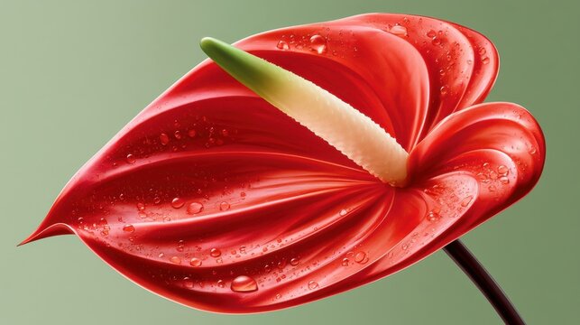 Red anthurium close-up with water droplets and spadix in studio lighting, tropical flower detail
