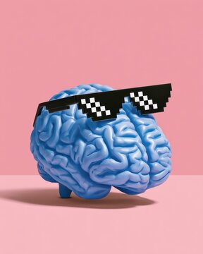 Blue brain wearing pixel sunglasses on pink background representing creativity, cool thinking and idea concept