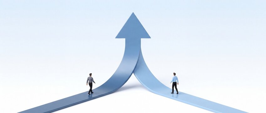 Two Businessmen Walking on Separate Paths That Merge into a Single Large Upward Arrow Symbolizing Collaboration and Successful Partnership