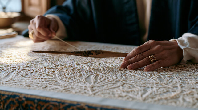 Tatting shuttle mid-motion captured over developing complex Venetian lace medallion, Berber artisan's ring-bearing hands in close view, worn wooden shuttle catching warm window