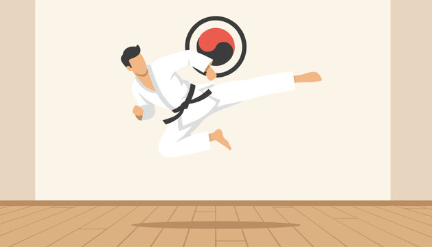 Dynamic martial arts fighter in a white uniform performing a powerful flying kick inside a spacious wooden dojo.