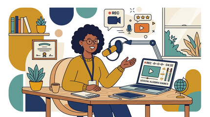 Fototapeta premium A woman sits at a desk with a laptop and microphone in a home office environment.