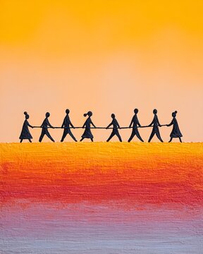Vertical Textured acrylic painting illustration of diverse silhouette figures holding hands and walking together across a vibrant sunrise landscape, a concept for community teamwork and social connect