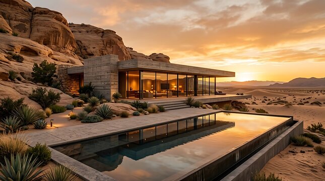 Modern Desert Retreat Architecture with Infinity Pool and Golden Sunset Views