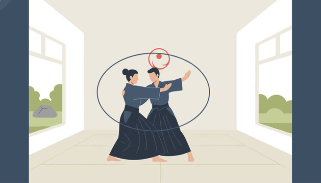 Two martial artists in traditional dark hakama pants practice defense techniques in an empty training dojo.