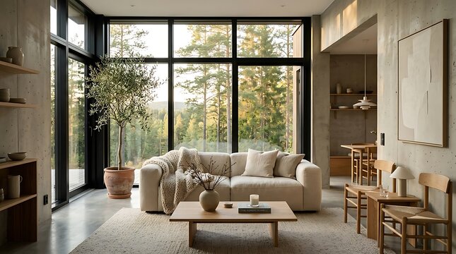 Modern Minimalist Living Room Interior with Large Windows Overlooking a Forest View Featuring Neutral Tones and Natural Decor