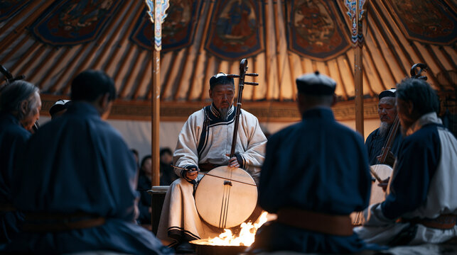 A Mongolian throat-singing ensemble performing sacred ceremonial music in a felt ger, firelight catching the vibrating instruments and painted ceiling panels above them, an