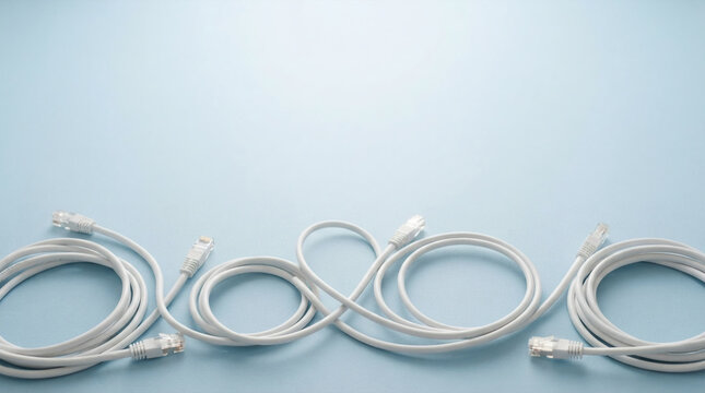 Network ethernet cables arranged on a clean pastel blue background