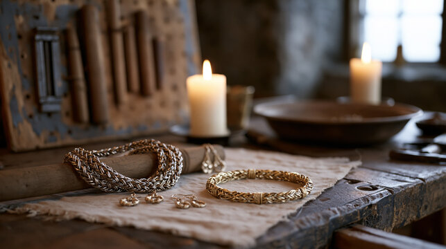 Viking knit wire jewelry coiled in progress on mandrel beside completed bracelet and earring pair, jeweler's bench in warm candlelit setting, aged wooden pegboard holding