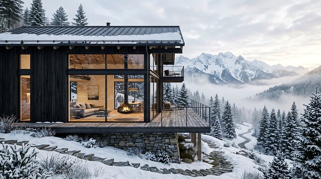 Elegant winter escape A sleek modern home with expansive glass panels providing an immersive experience of the snowy alpine scenery and a peaceful, frosted valley