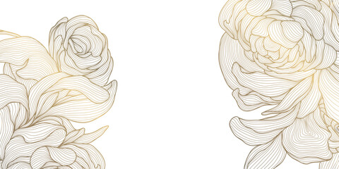 Fototapeta premium Luxury floral background with elegant golden line peonies, leaves, botanical ornament Chinese and Japanese art. Wedding invitations, greeting card, packaging, wallpaper, banner, corners