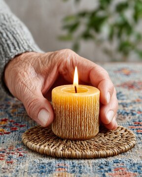 Vertical Cozy rustic aesthetic of an elderly person's wrinkled hand gently holding a burning yellow beeswax candle on a woven coaster, a concept for mindfulness and quiet contemplation.