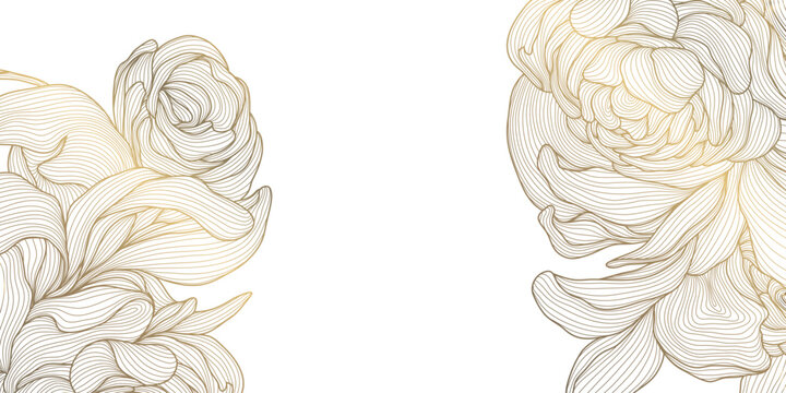 Luxury floral background with elegant golden line peonies, leaves, botanical ornament Chinese and Japanese art. Wedding invitations, greeting card, packaging, wallpaper, banner, corners