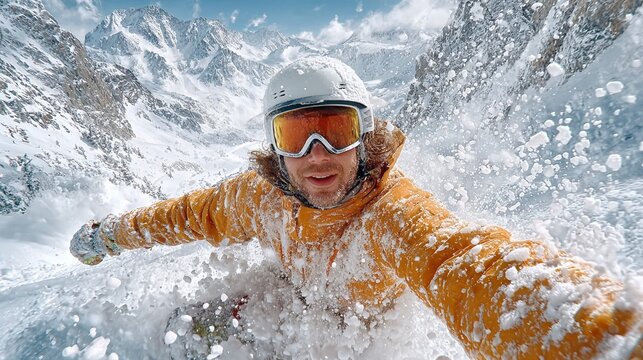Dynamic POV action shot of a smiling snowboarder taking a selfie while carving through deep powder in a vast mountain range, capturing an extreme winter sports adventure.