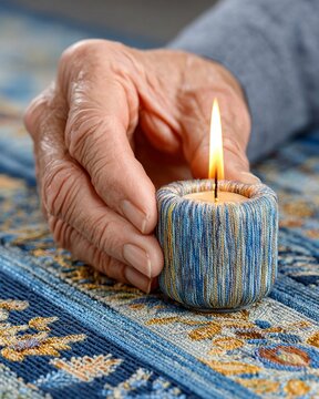 Vertical Authentic senior lifestyle close-up of an elderly person's hand gently holding a lit, thread-wrapped candle on an ornate blue tapestry, a concept for remembrance and spiritual solace.